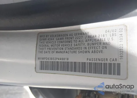 2002 Volkswagen Passat Gls from USA, damaged, VIN WVWPD63B32P446818